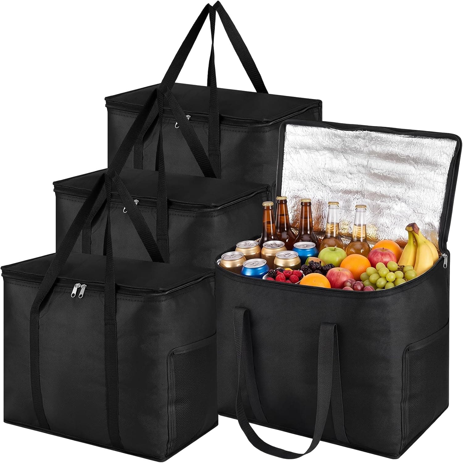 Dntorx Insulated Reusable Grocery Bags, 30L Cooler Bag Black - Heavy Duty Food Delivery Collapsible