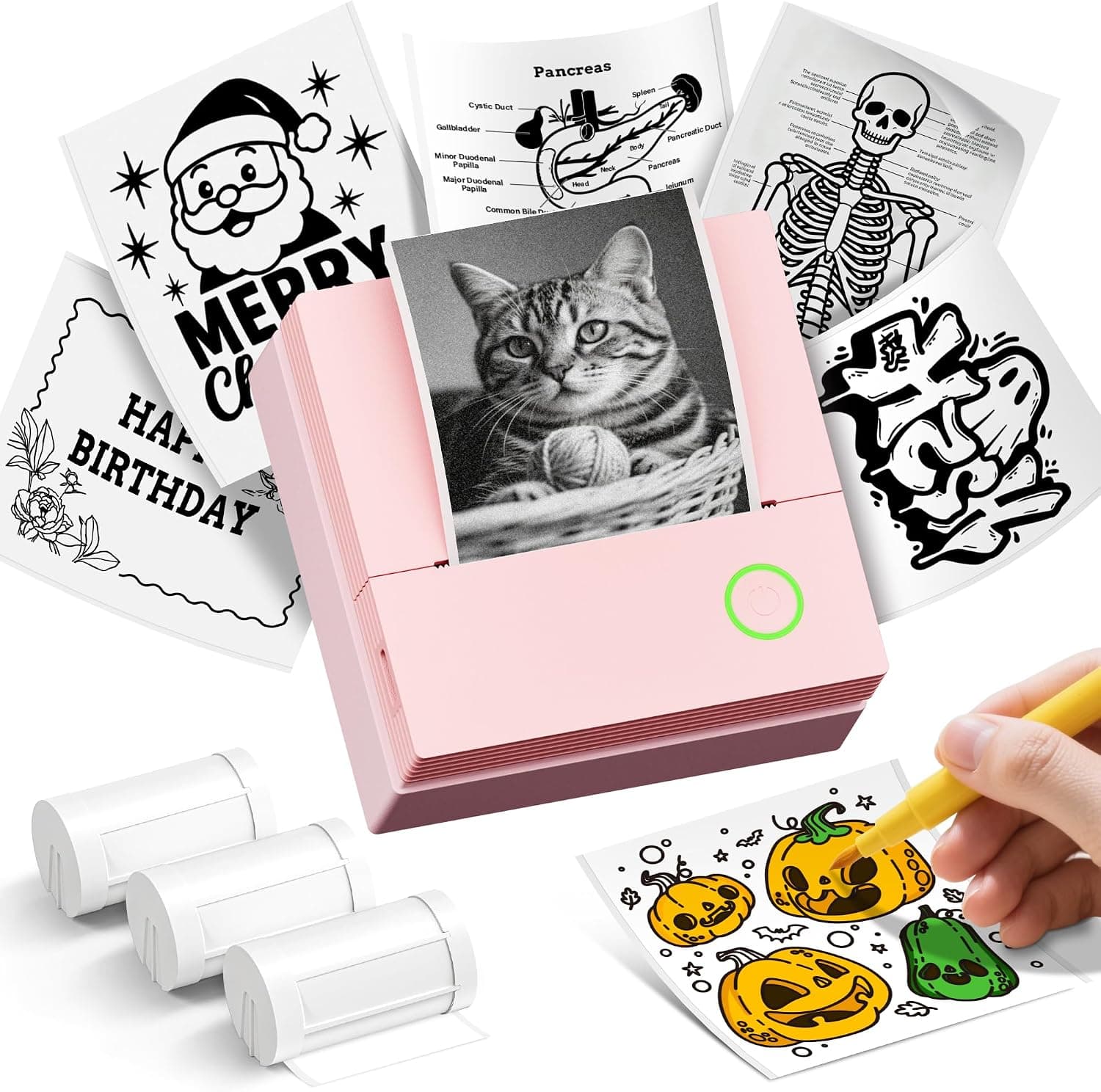 Sticker Printer, PM290C Portable Mini Printer, Inkless Bluetooth Sticker Maker with 3 Rolls Paper, Impresora Portátil for Notes, DIY, Gift, Smart AI APP, Print Pod for Office, Pink 1pack