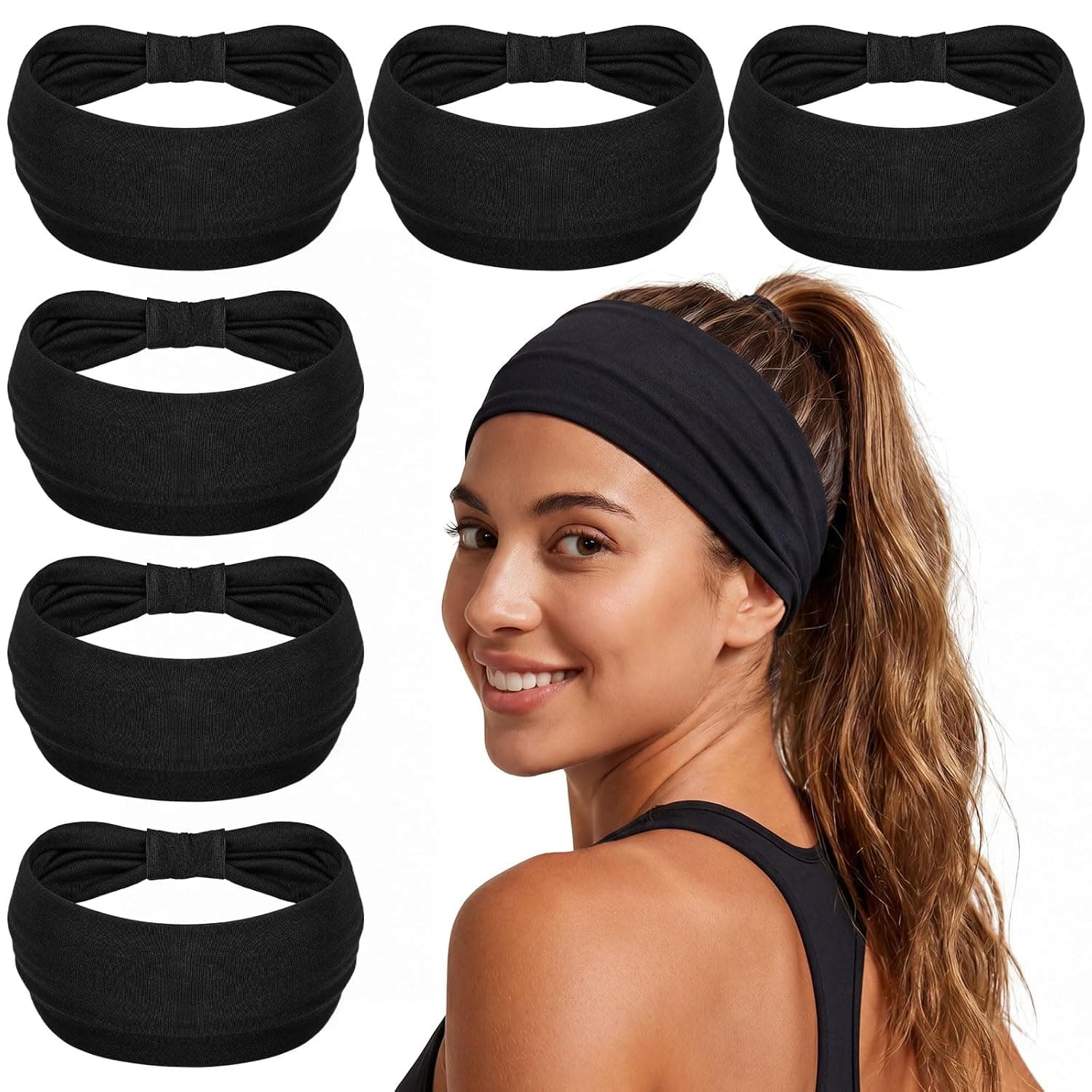 6Pack Black Headbands for Women, Wide Headbands Non Slip Breathable Fabric for Sports African Head Wrap Hair Accessories