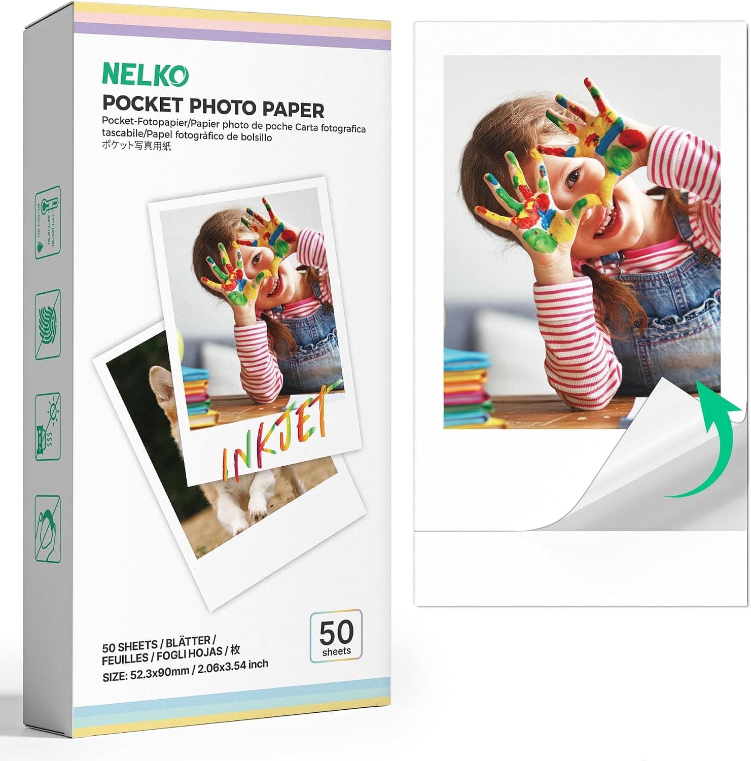 Nelko 52.3x90mm Premium Sticky Back Photo Paper, 50-Pack Genuine PP01 & PP03 Pocket Printer Paper, Water Resistant Photo Paper, Compatible with Nelko Photo Printer Series, Easy to Peel, White