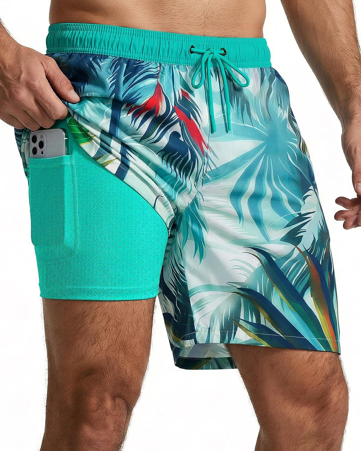 7 Inch Men Swim Trunks Palm Tree with Compression Breathable Liner Quick Dry Zipper Pockets for Board Beach Cruise