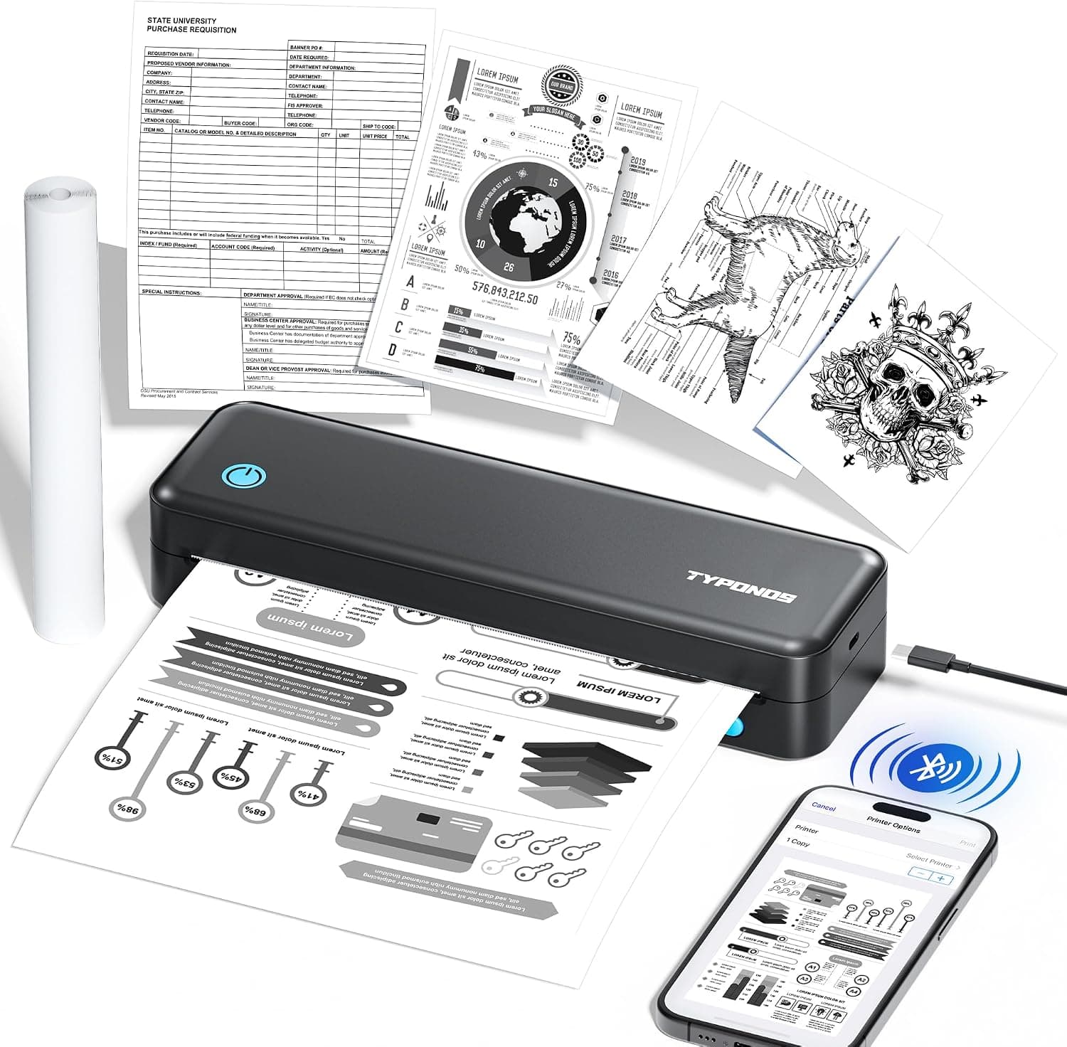 Portable Printers, D820 Wireless Bluetooth Printers Support 2" to 8.5" Width Thermal Paper & 8.5"x11" US Letter Size, Receipt Printers for Home Use Suitable for Phone & PC (Black) 1pack