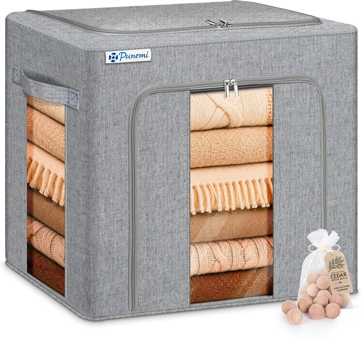 punemi Cashmere Sweater Storage Bag with Natural Cedar Balls & Steel Frame, 50L Garment Storage Bag with Clear Window, Closet Organizer for Cashmere, Wool Sweaters & Knitwear,16.5x12.6x15in, Grey